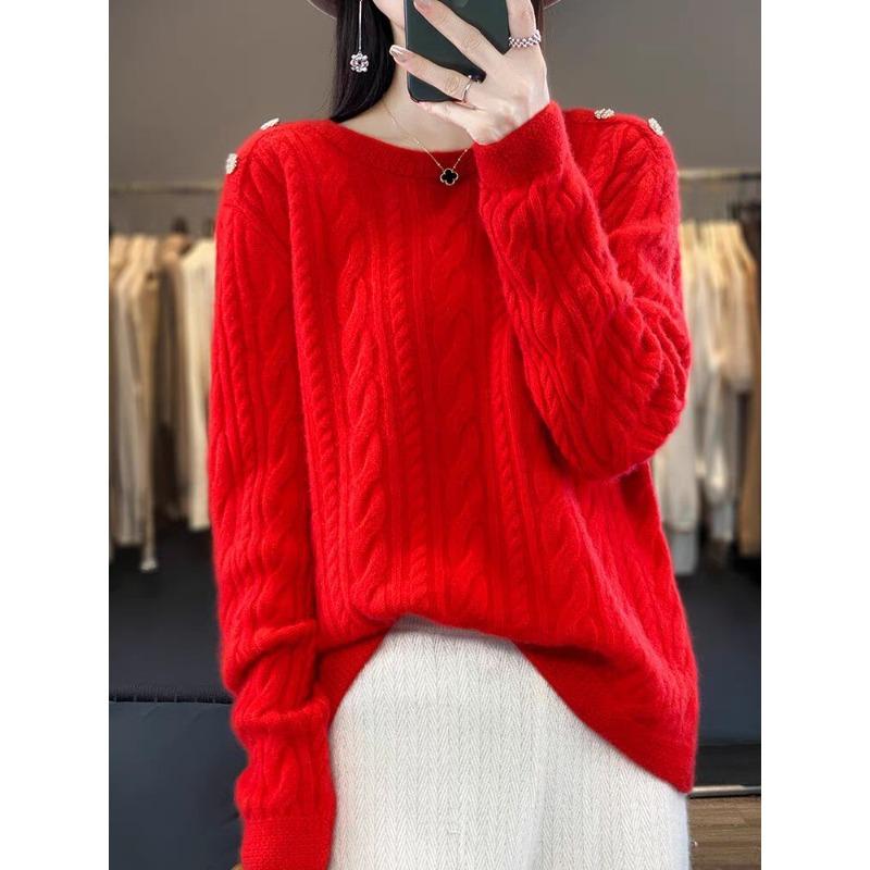 Women's Round Neck Loose Twisted Flower Solid Color Sweater Autumn and Winter New Style Cable Thickened Knitted Base