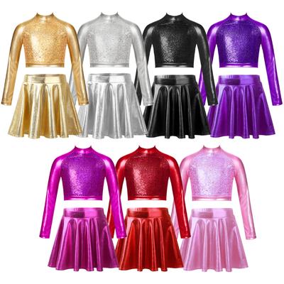 Kinder Mädchen Crop Top mit Rock Shiny Metallic Jazz Hip Hop Performance Kostüme Zweiteilige Tanz-Outfits