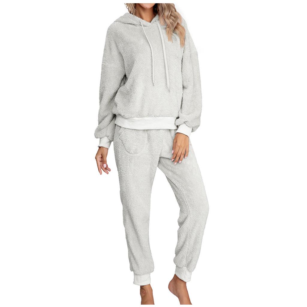 Women Fashion Casual Solid Pockets Plush Long Sleeve Long Pants Home Suit
