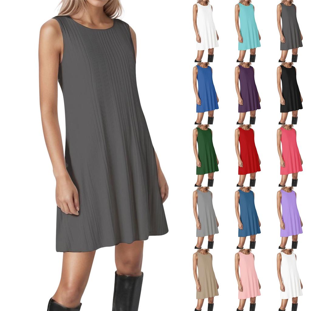 Women's Round Neck Sleeveless Striped Texture Solid Color Casual Dress