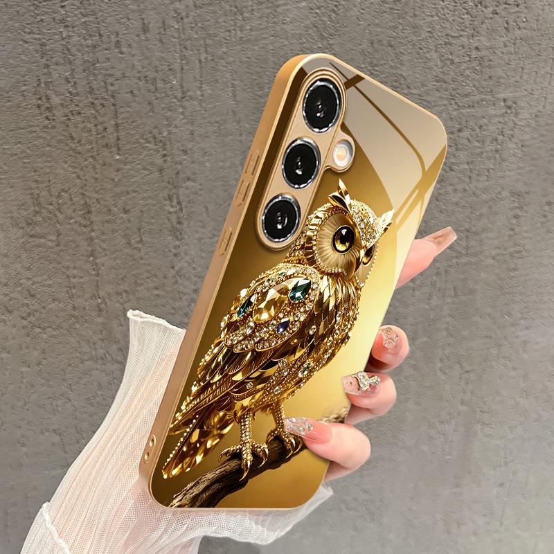 Gem Owl Pattern 2D Phone Case for Samsung S26 S25 S24 S23 S22 S21 S20 A56 A36 A16 - Golden Glass Protective Cover
