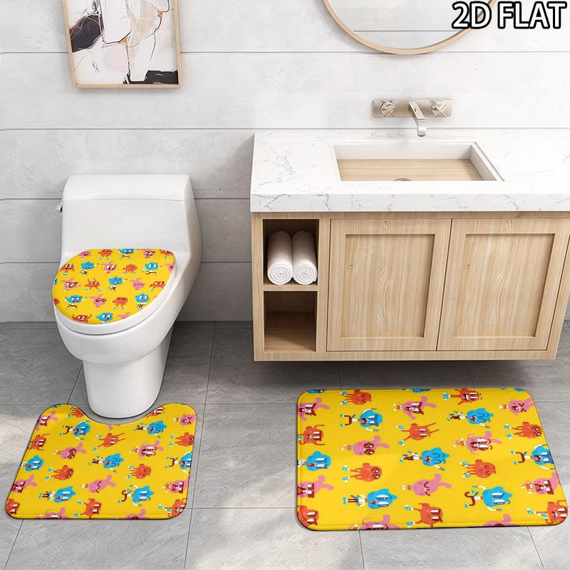 3pcs The Amazing World of Gumball Pattern Flannel Nonslip Absorbent Washable Decorative Bathroom Home Toilet Seat Cover Mat