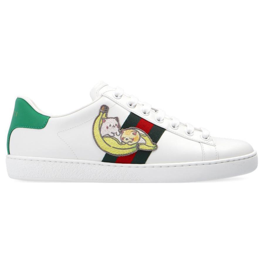 Gucci Womens Ace 'Bananya' (women's sizes) White / Green Skate Shoes 661663 0FI60 9112
