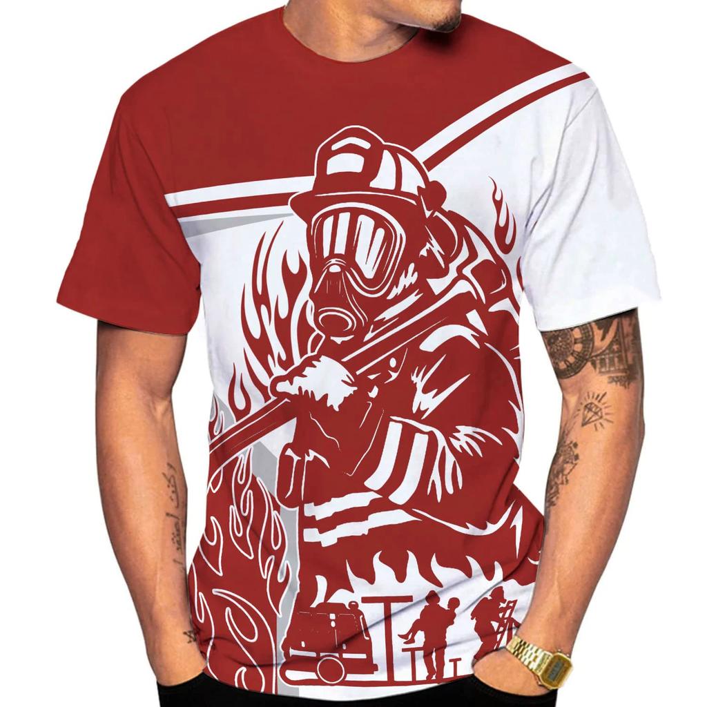Summer Round Neck 3D Firefighter Print Top Fashionable Casual Short Sleeved Men's T-shirts