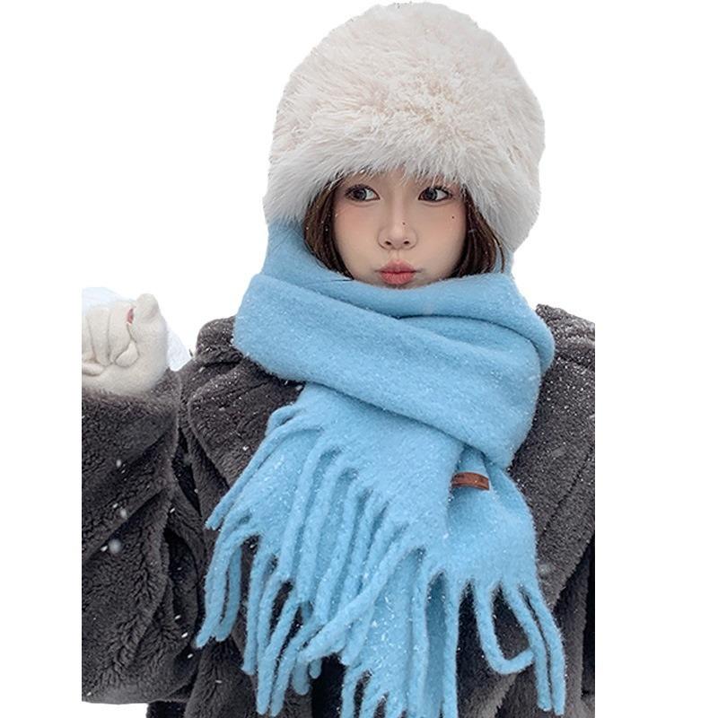 Wool Blended Solid Color Scarf Ice Blue Women's 24 Winter Atmosphere Warm Fringed Scarf