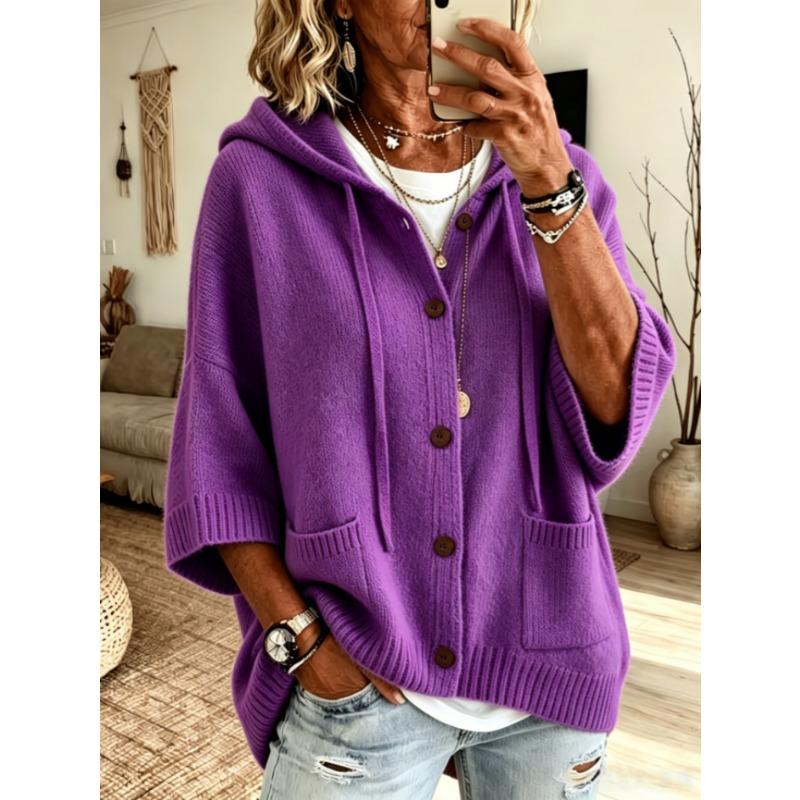 Women S Button Knit Hooded Cardigan Sweater Solid Color Casual