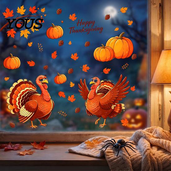 Seasonal Home Party Decorations Thanksgiving Static Window Clings, Cartoon Double Turkey Pumpkin Maple Leaf No?Glue Stickers Glass Decals,