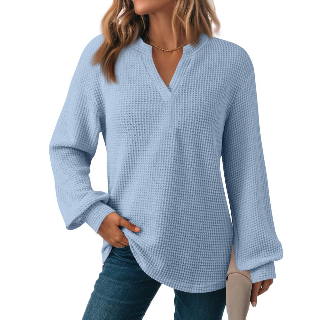 Women's Fashion Long Sleeve  Knit V-Neck Solid Color Casual Top