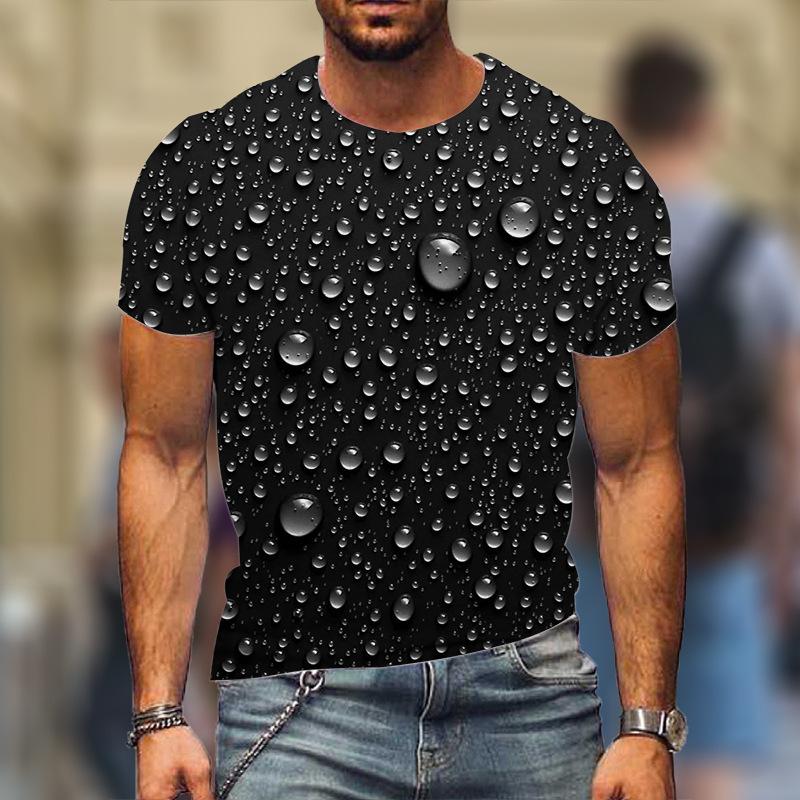 Summer Round Neck 3D Water Droplet Pattern Printed Top Fashionable Casual Short Sleeved Men's T-shirts