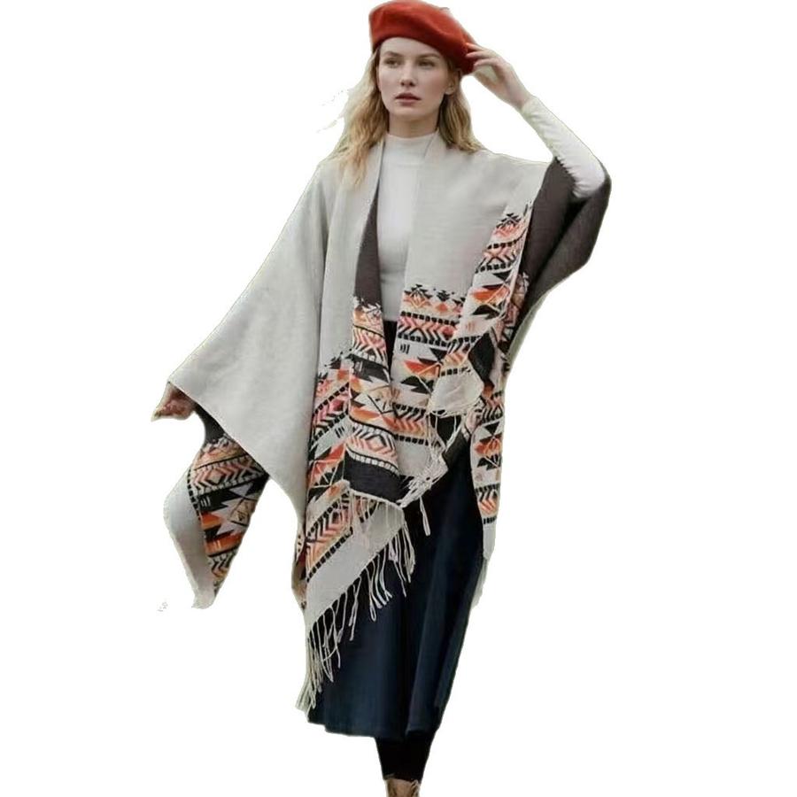 New Colorful Ethnic Style Shawl for Women, Tassels Fringe Thick Warm Cape for Travel Outdoor Outfit Accessory