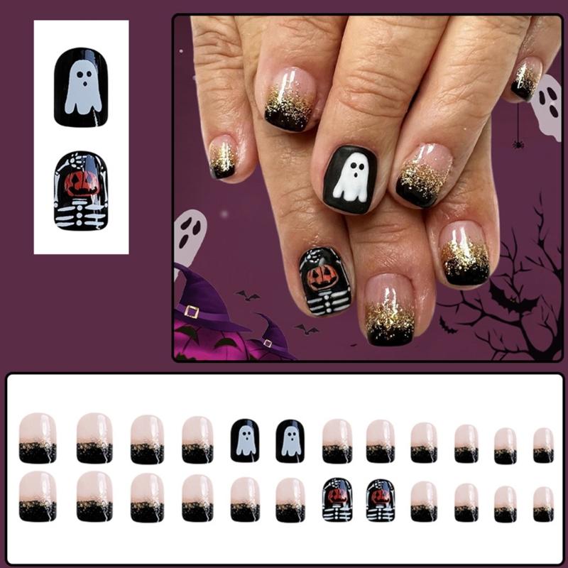 Plastic Halloween Press On Nails Glittering Bat Ghosty Design Long Lasting Nail Art Stickers For Parties And Daily Use
