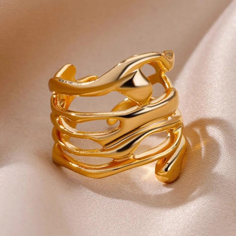 Multipurpose Sturdy Metal Materials Gold Hollow Rings Fashionable Wide Bands Jewelry Gifts for Couples Casual Wear