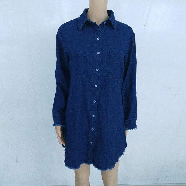 

Повседневные джинсовые женские топы и блузки, черные однотонные женские платья с длинными рукавами и свободные рубашки с отложным воротником XL темно-синий