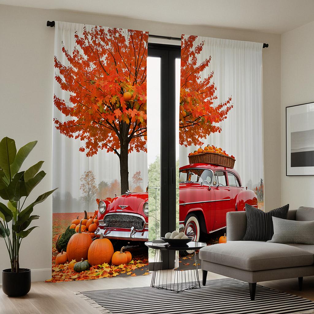 2pcs set HD Halloween Maple Leaf tree under the nostalgic classic car pumpkin decorative curtain Black tie digital printed cu