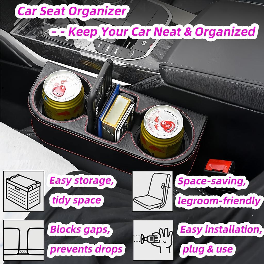 Car Cup Holder Expander & Seat Gap Filler - PU Leather Cover with Stitching, Multifunctional Front Seat Organizer, for Car Truck Van, Holds Large