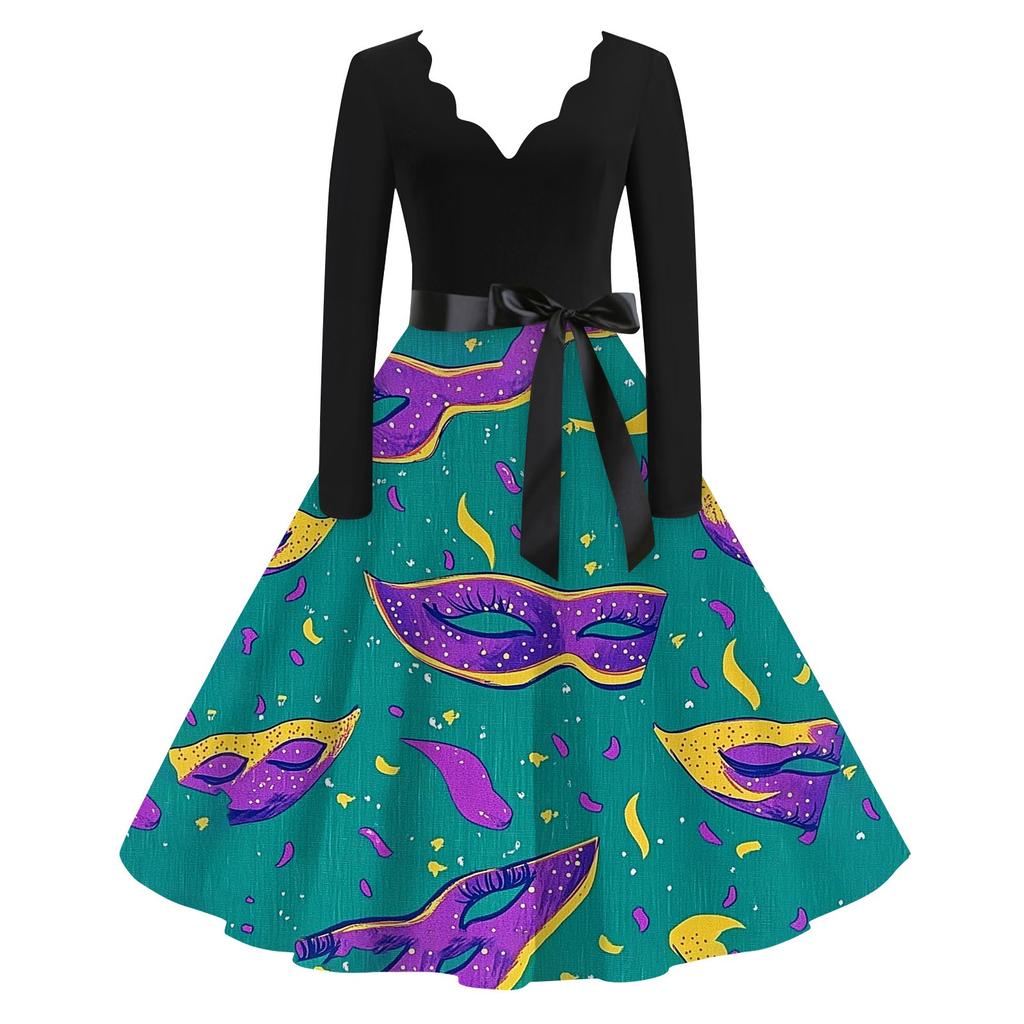 Damen Casual Fashion V-Ausschnitt Langarm Karneval Print Vintage Kleid