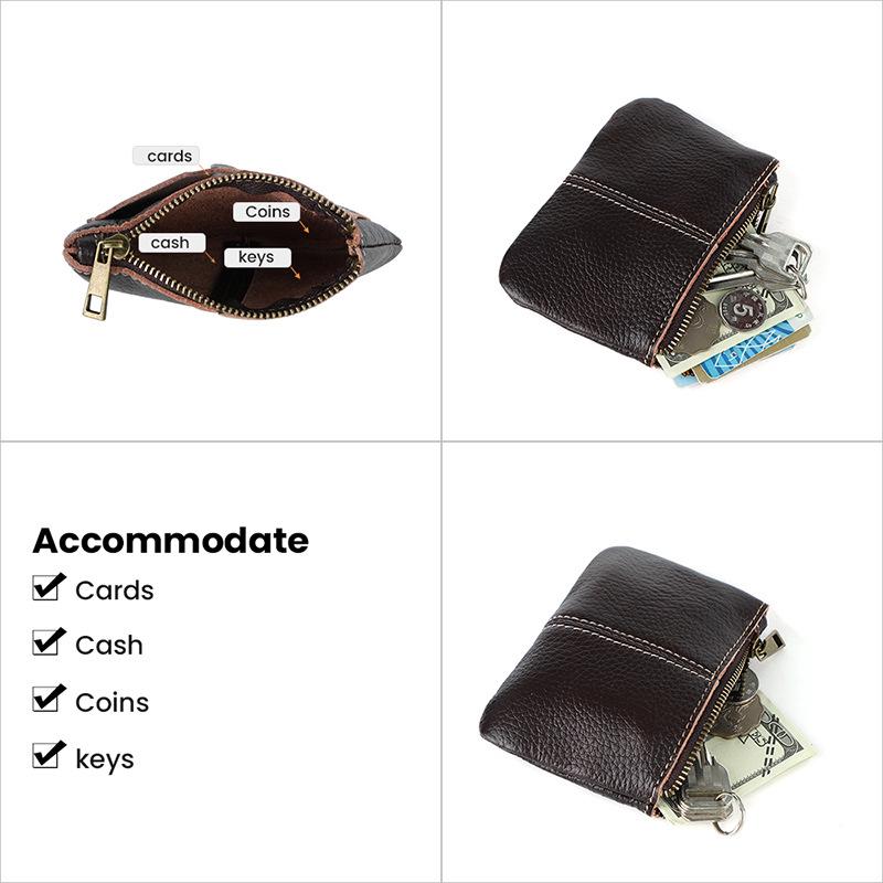 Men's Retro Minimalist Genuine Leather Zipper Wallet and Earphone Cable Pouch