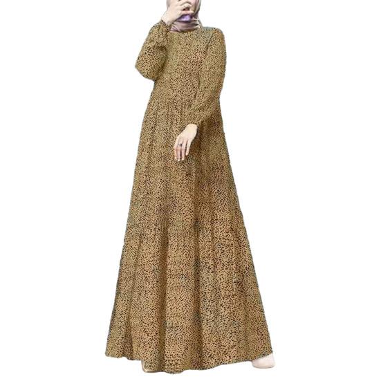 Women Maxi Dress O Neck Long Sleeve Loose A-line Big Hem Dot Print Vintage Soft Patchwork Dubai Turkey Abaya Long Robe Dress