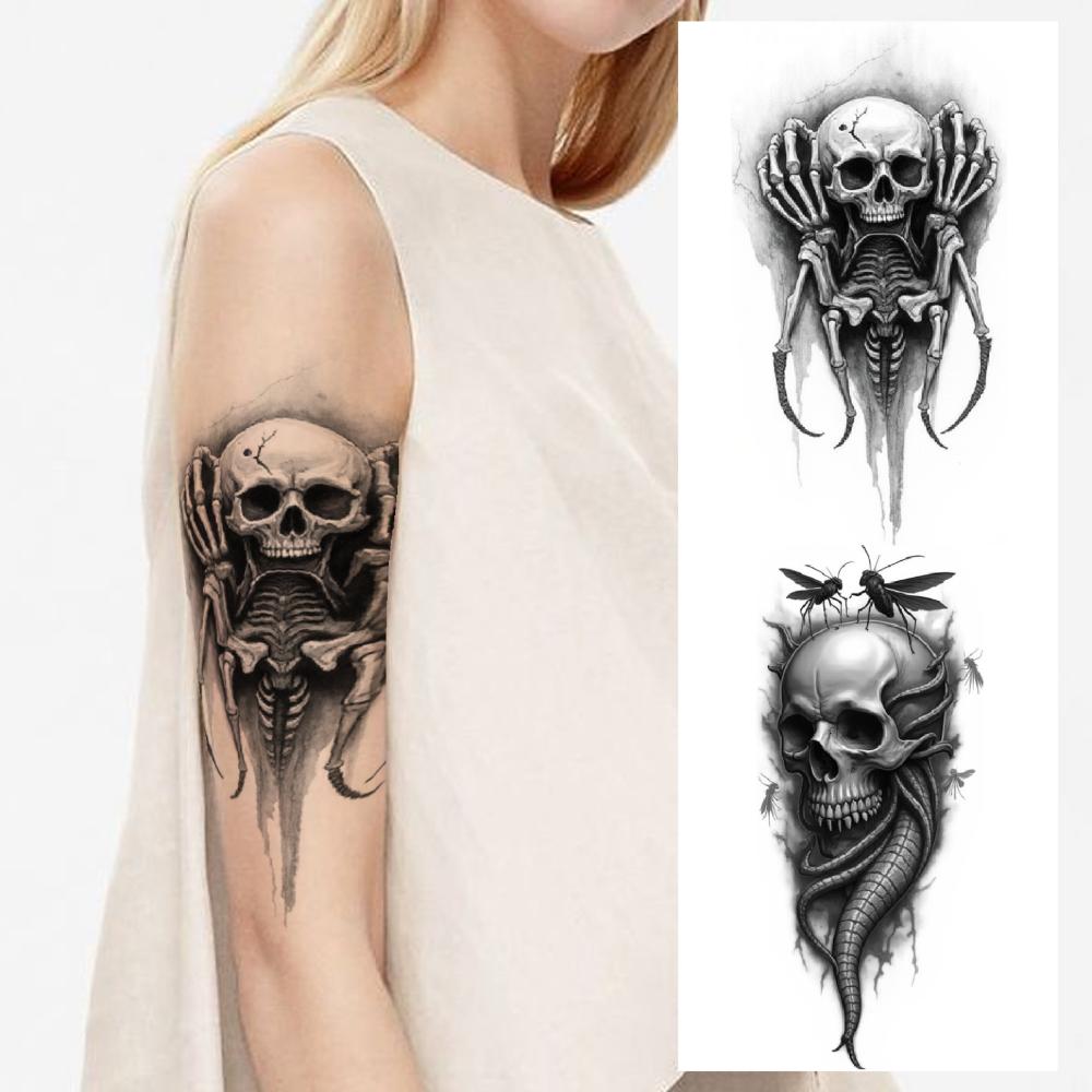 3pcs Temporary Tattoo Tattoo Skull Realistic Temporary Tattoos Skull And Rainbow Crow Skeleton Black And Grey Realism For Men