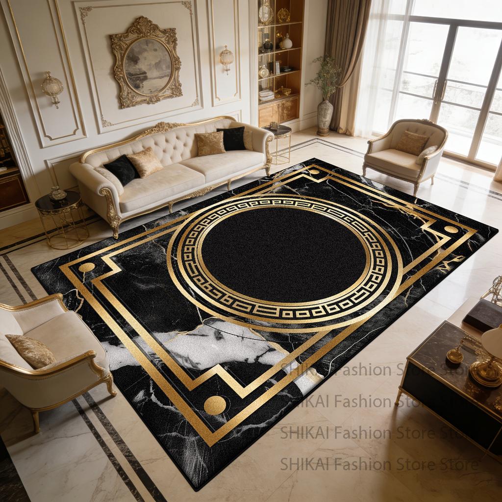 Black Marble Golden Light Luxury Soft Living Room Rug Decoration Courtyard Antiskid Fluffy Carpet Easy Clean Foldable Floor Mats
