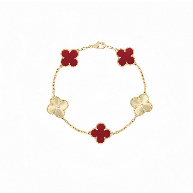 Four-leaf Clover Five-flower Bracelet for Women Rose Gold Lucky Clover Bracelet with White Mother-of-pearl and Red Agate Fashionable Bangle