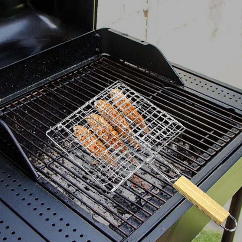 Fish Grilling Rack For Camping Portable Grill Basket Wooden Handle Shrimp Vegetable Grilling Plate High-Temperature Resistant
