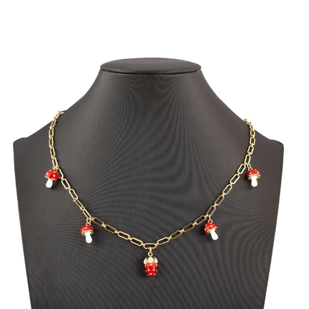 Mushroom Shape Strawberry Necklace Copper Zircon Sweet Necklace Simple Necklace  For Girl