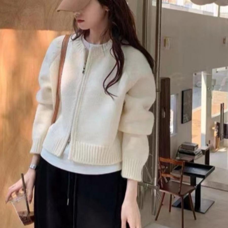 Solid Color Autumn Winter Short Sweater Jacket Women's Thick Zipper Long Sleeved Knitted Cardigan Top