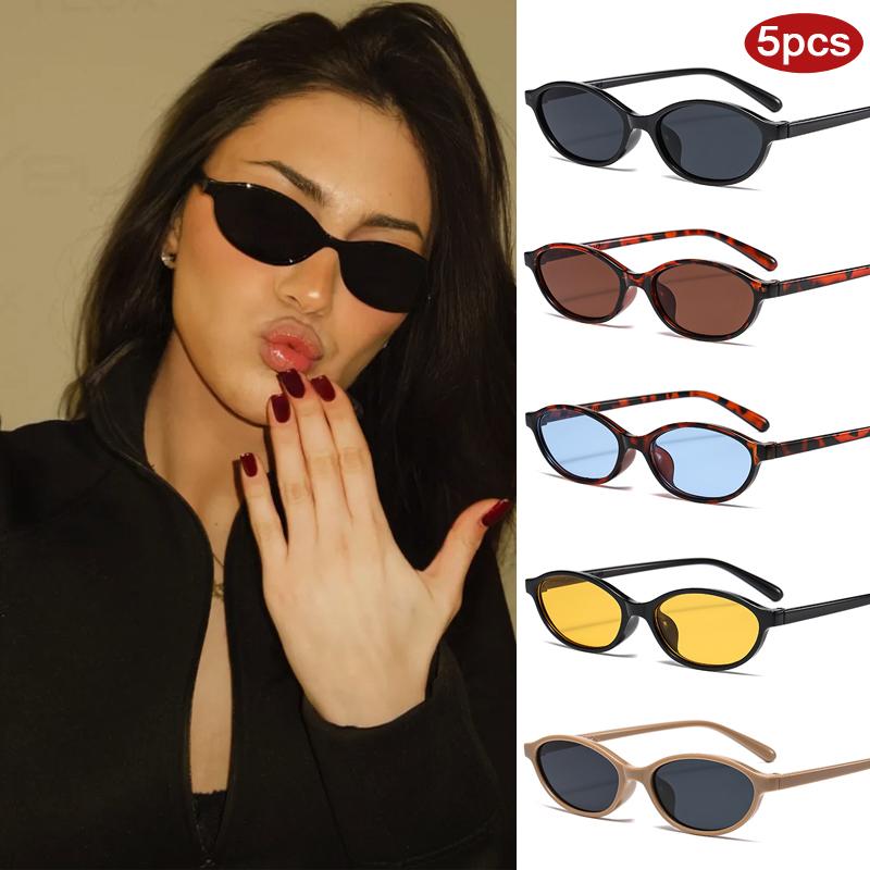 

5pcs New Fashion Small Frame Elliptical Sunglasses Women Colorful Lens Glasses Set Simple Design Sun Glasses Unisex UV400
