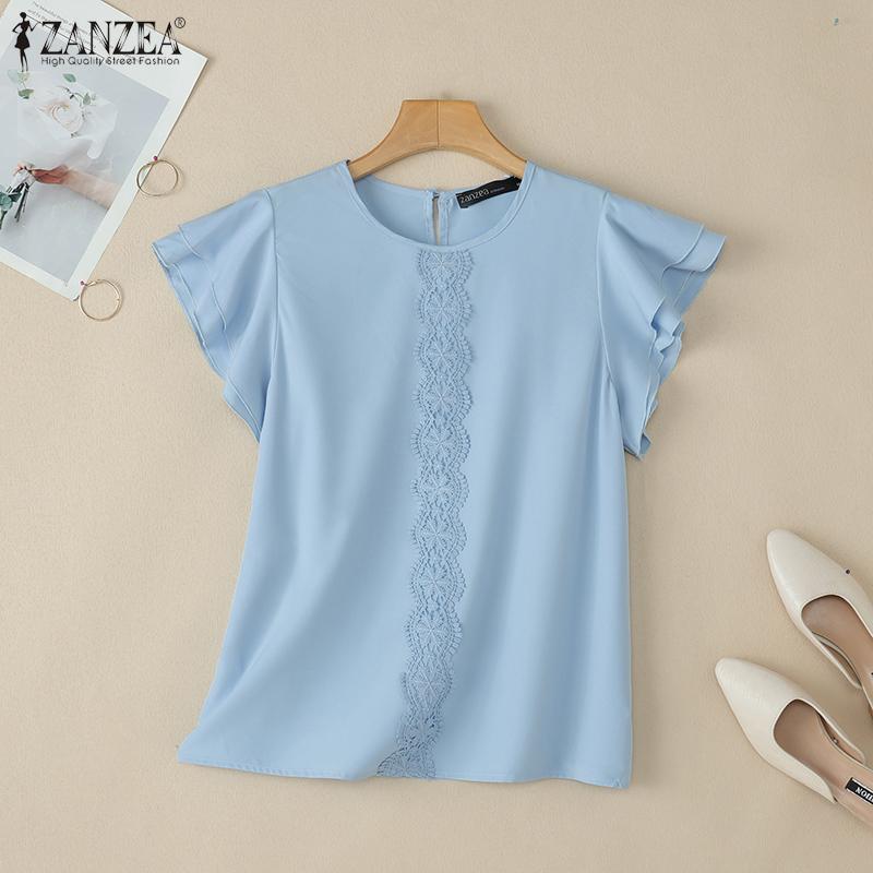 ZANZEA Blusa Casual de Verano para Mujer con Cuello Redondo y Manga Corta con Parche