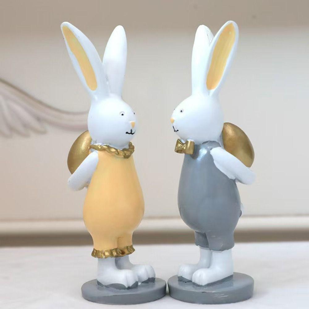 2pcs Gold Color Egg Animal Model Ornaments Hand-painted Easter Rabbit Figurine  Bedroom