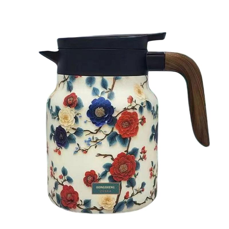 Premium Thermal Florals Teapot 1000ml Removable Infuser Stainless Steels Body And Ergonomic Wooden Handle Teas Kettle