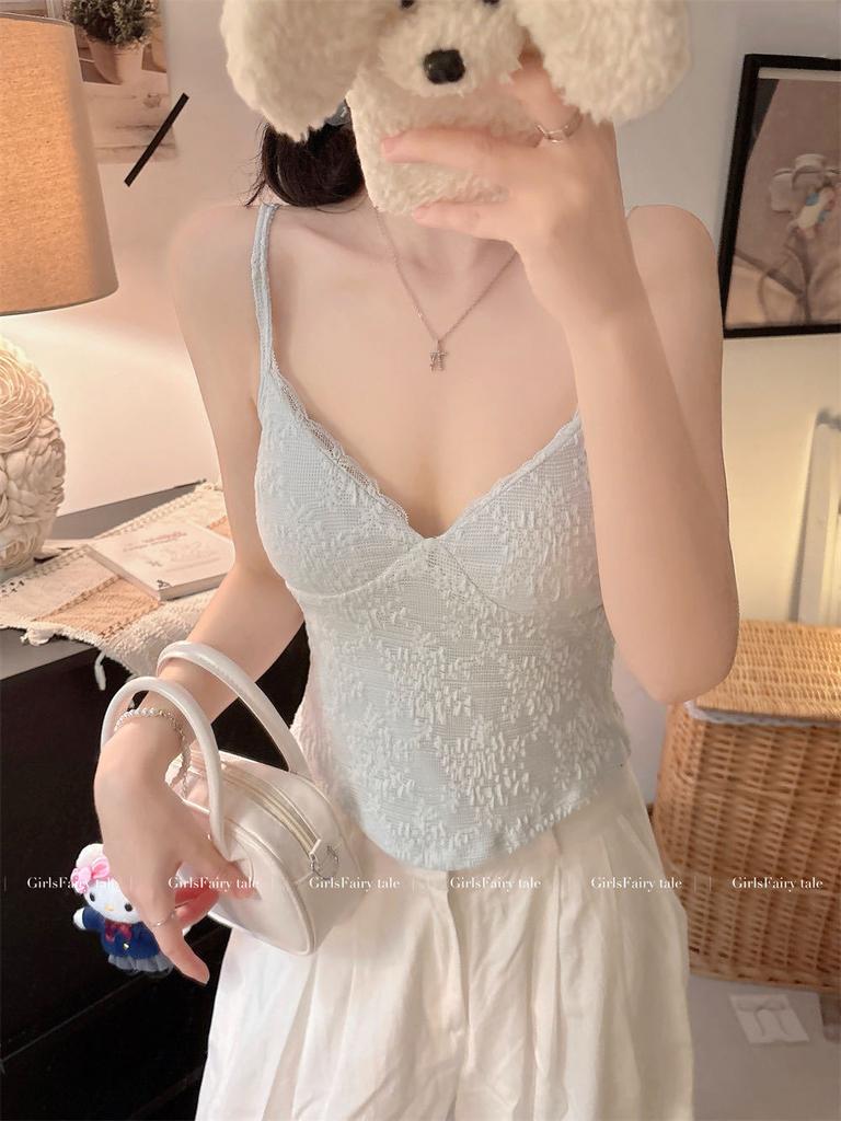 #Summer New Spice Girl Style Lace Splicing Sling Vest Slim and Thin Women's Fixed Belt Chest Pad