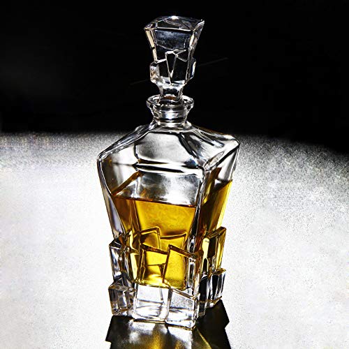 Glass Decanter with Airtight Geometric Stopper - Whiskey Decanter for Wine, Bourbon, Brandy, Spirits, Juice, Water, and Mouthwash - Italian Lead-Free