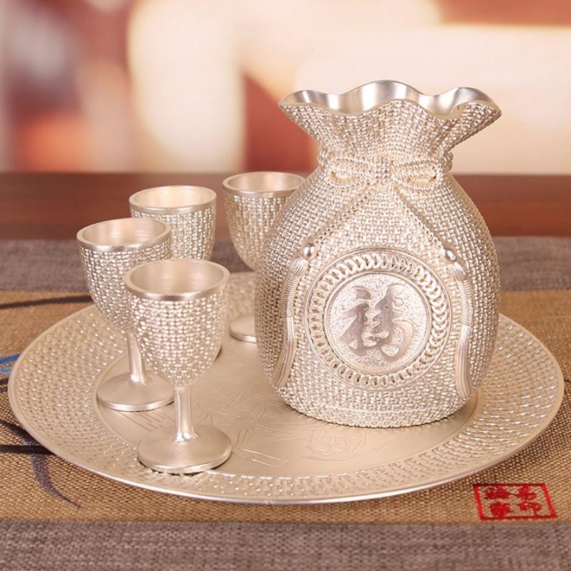 

European Exquisite Vintage Wine Set, Alloy Home Fortune Bag Shape Wine Pot Set, Tea Tabletop Living Room Decoration,1Set L