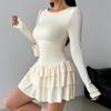 Elegantes Langarm Figurbetontes A-Linien-Stufenkleid mit Rüschen Neu Einfarbig Sexy Freizeit Party Abendkleider Damenmode Frühling Sommer Kleidung