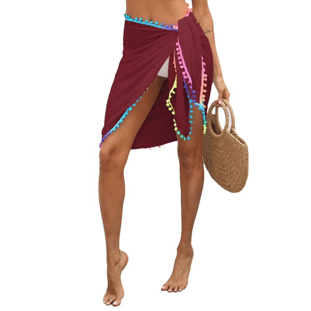 Colorful Pompom Tassel Skirt Bikini Cover Chiffon Swimsuit Sarong Sheer Mesh Skirt Beach Vacation