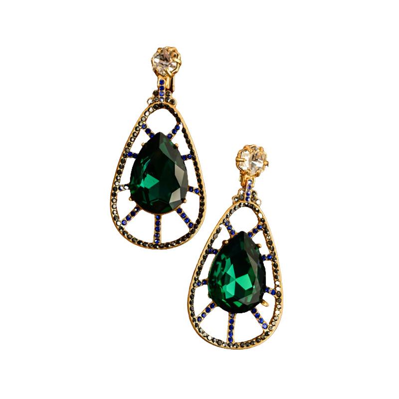 Premium Exaggerated Malachite Green Rhinestone Mixed Color Diamond Hollow Water Drop Stud Earrings