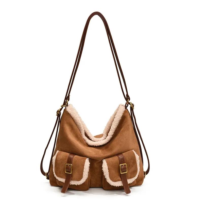 

Retro PU Leather Double Pockets Shoulder Bag for Women 2026 Winter Trend New Y2K Plush Handbags Females Crossbody Bags коричневий