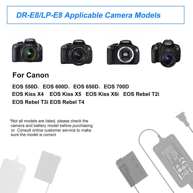 ACK-E8 AC Power Adapter LP-E8 Dummy Battery DR-E8 DC Coupler Kit for Canon T2i, T3i, T4i, T5i, 700D, 650D, 600D, 550D