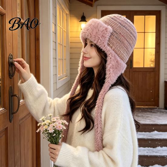 Travel Essential Headgear Women Trapper Hat, Wool Blend Knitted Hat with Ear Flaps, Fuzzy Cold Weather Headwear Trim, Warm Winter Knit for Hiking