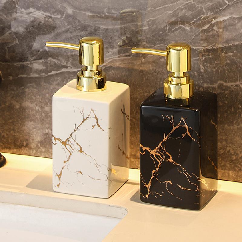 Square Emulsion Bottle Black and White Marble Ceramic Press Bottle Shower Gel Shampoo Bottle Bathroom Decorative Soap Dispenser