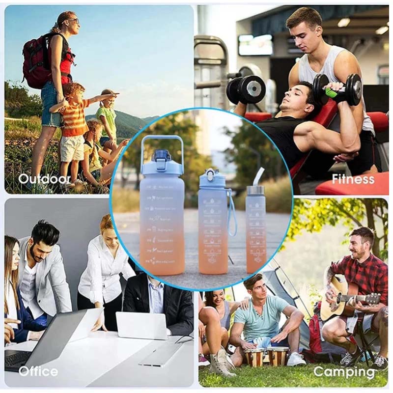3PCS Gradient Frosted Plastic Water Bottles With Straw Motivational Large Capacity Sports Bottle Outdoor Travel Gym Fitness Jugs