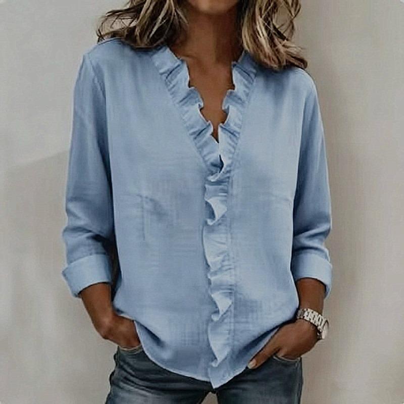 TIFICY Women's Fashion Casual Spring Autumn Solid Color Print Long Sleeve V-Neck Blouses & Shirts