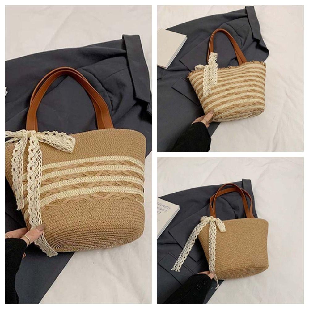 Ladies Stripe Straw Handbag for Vacation Beige Khaki Large Capacity Woven Tote Bag Women Summer Beach Underarm Bag