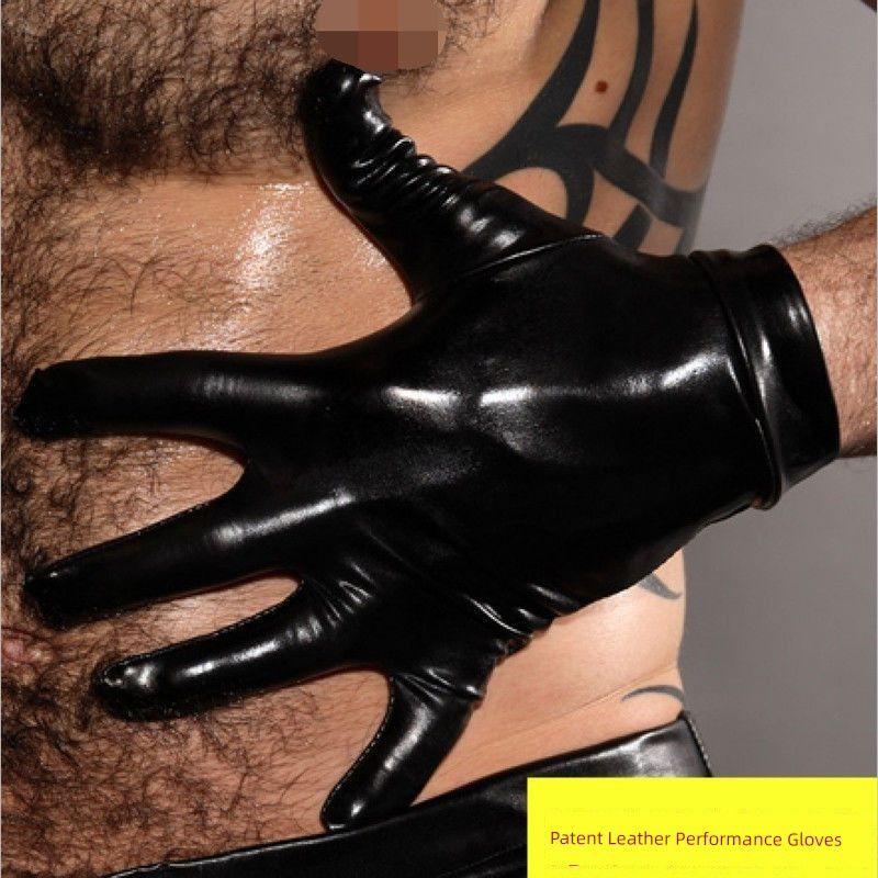 

Перчатки мужские короткие из лакированной кожи для выступлений 23 см глянцевые эластичные для вождения и езды на велосипеде в стиле локомотива K клубные сценические Black one pair All yards