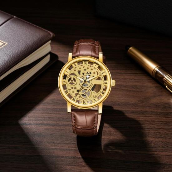 Vintage Men Watch Hollow Round Dial Faux Leather Strap Casual Formal Watch Accurate Quartz Wristwatch Fashion Jewelry Gift