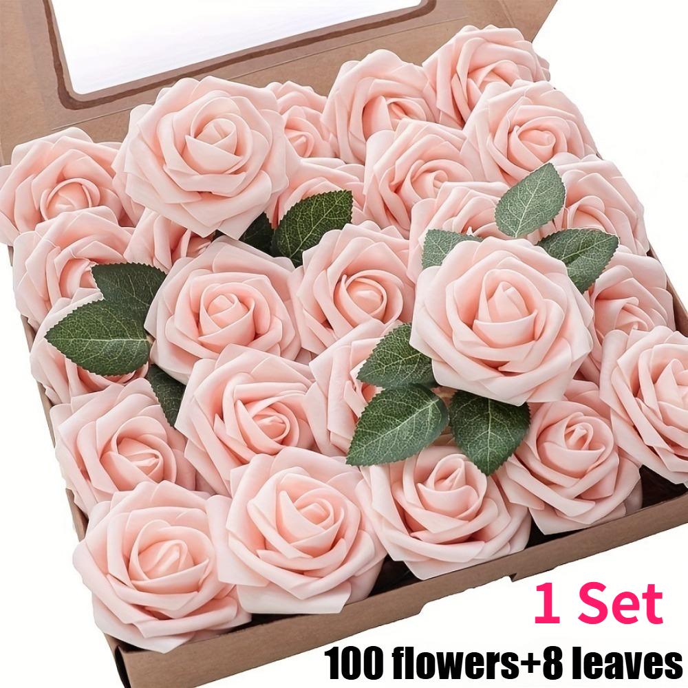 

100pcs Delicate Artificial Roses with Stems Foam PE Roses Realistic Appearance DIY Wedding Bouquet Decoration Flowers Art Decor