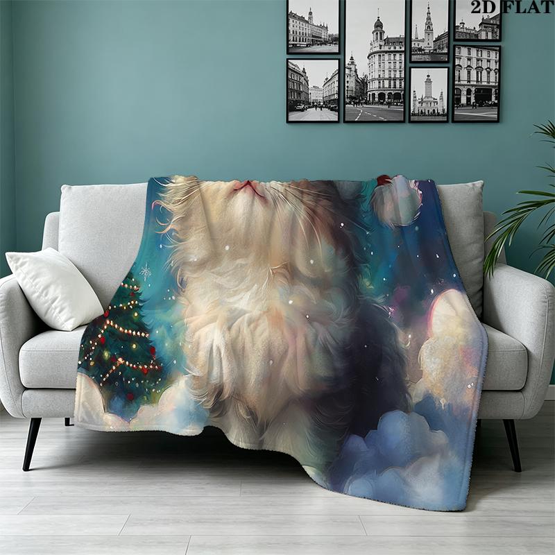 Christmas cat Printed Flannel Blanket, soft throw for bedroom sofa, washable, Christmas present, great gift.