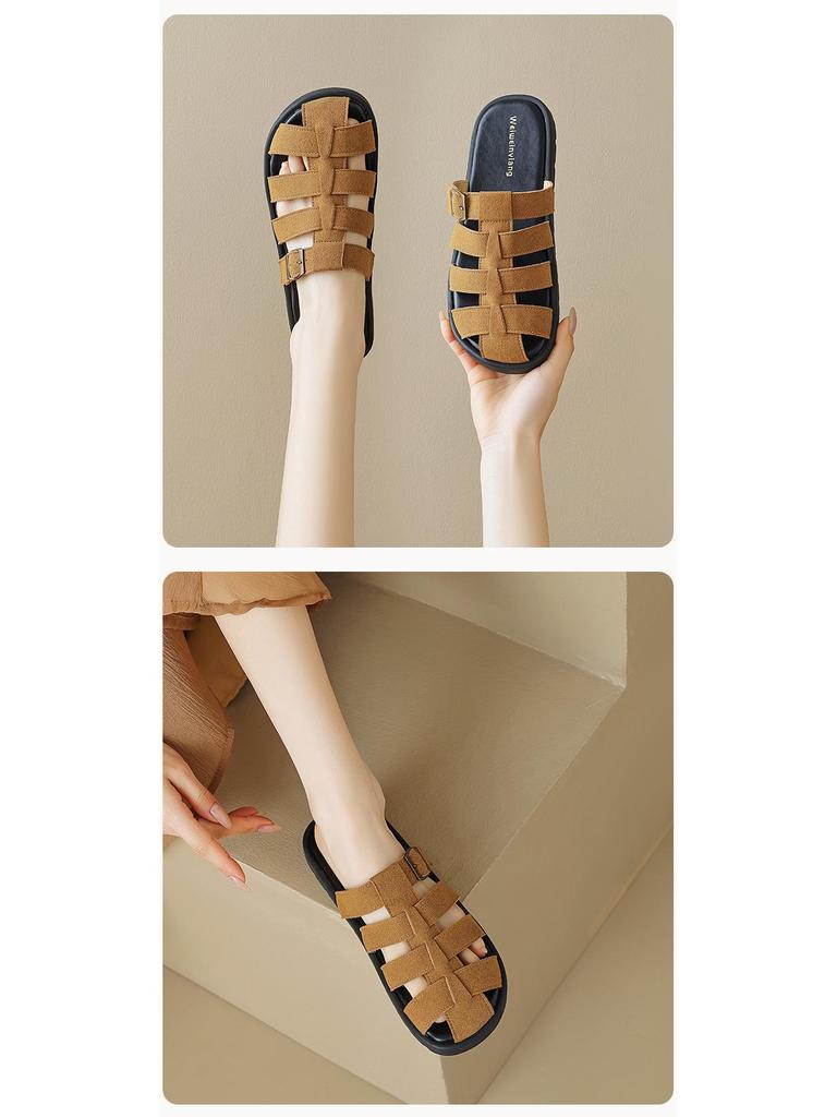 Weiwei Girl Women's French Retro Pointed Toe Woven Roman Slippers Sandals for Summer